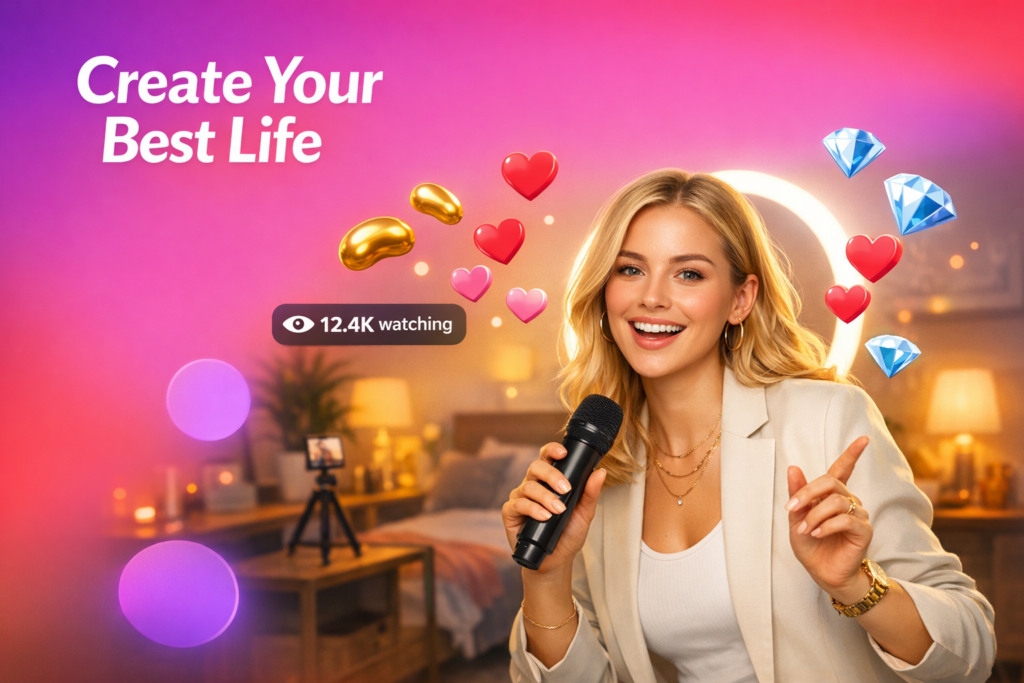 A blonde creator in a warm home studio sings and dances during a live call, with floating gifts and a viewer counter, sharing chamet hostess tips to earn more gifts.