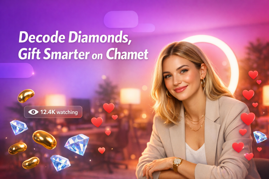 A blonde digital creator in a warm home studio with floating beans, blue diamonds, hearts, and a live viewer counter explains Chamet diamond gifting psychology and recharge habits for chamet hostess users.