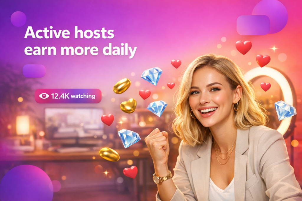 A confident creator in a cozy home studio celebrates higher earnings with live-stream style UI icons, showing how an active chamet hostess can boost ranking and engagement.