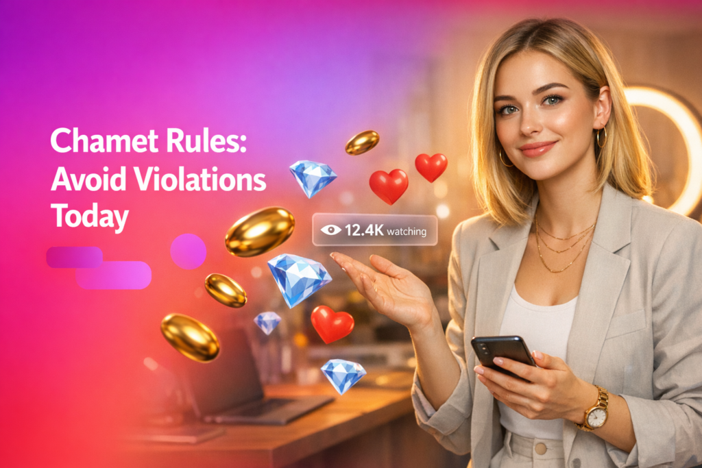 A chamet hostess in a modern home studio reviews Chamet Community Rules with floating live-stream icons and a bold headline about avoiding violations.