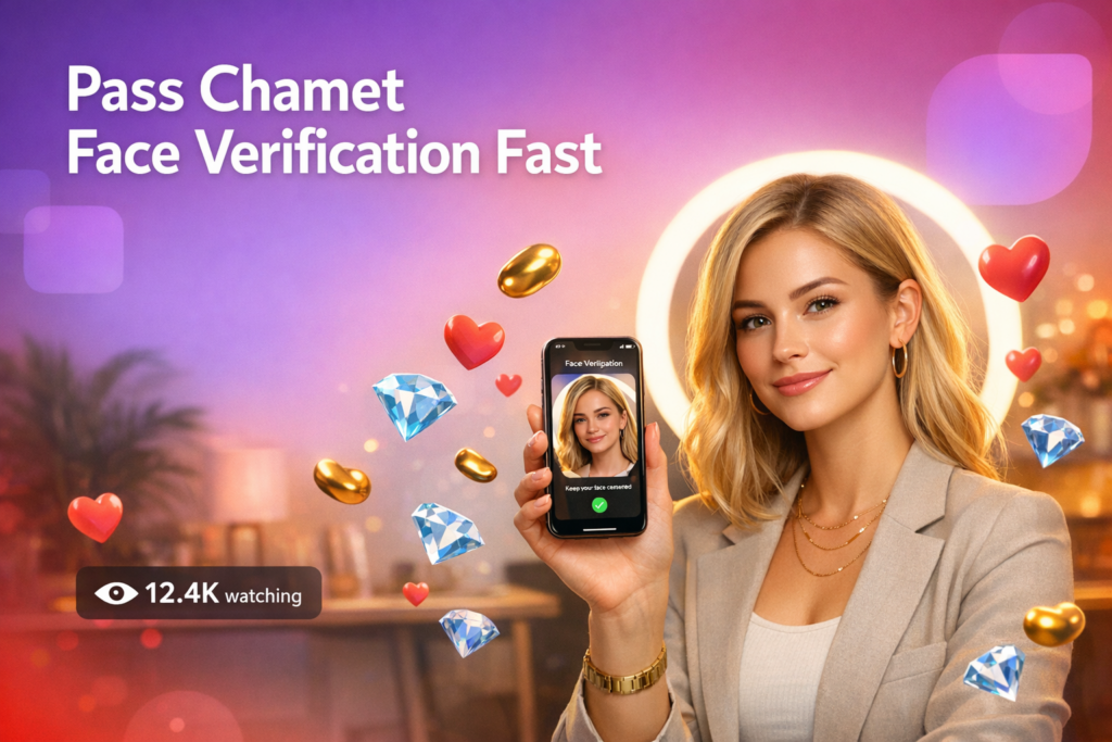 A confident chamet hostess in a modern home-studio holds her phone while floating hearts and live UI elements highlight tips to pass Chamet Face Verification quickly.