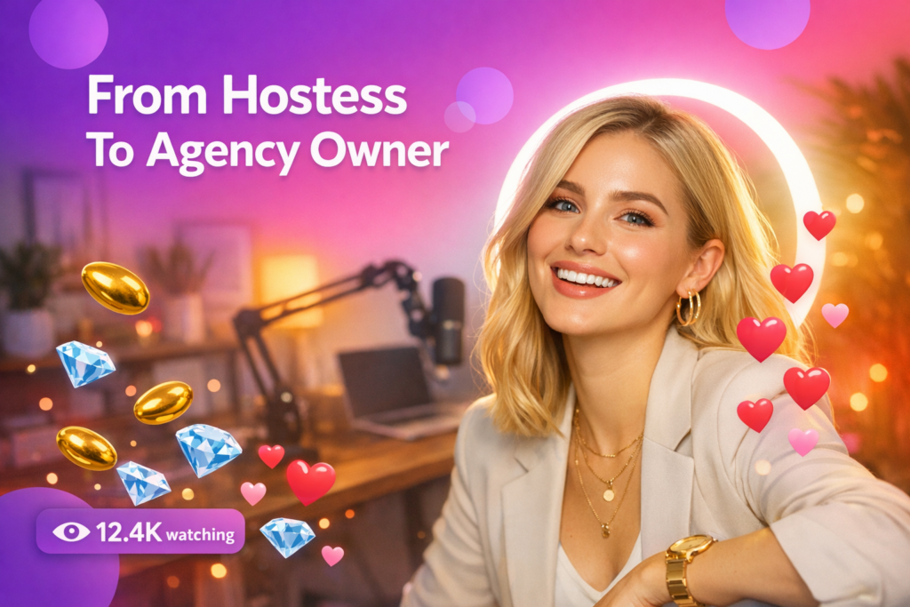 A confident young creator in a warm home studio with floating beans, hearts, and diamonds, illustrating the chamet hostess career path from beginner to agency owner.