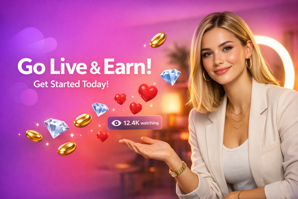 A stylish creator in a modern home studio with floating live-stream icons illustrates how to register and start earning as a chamet hostess in Indonesia.