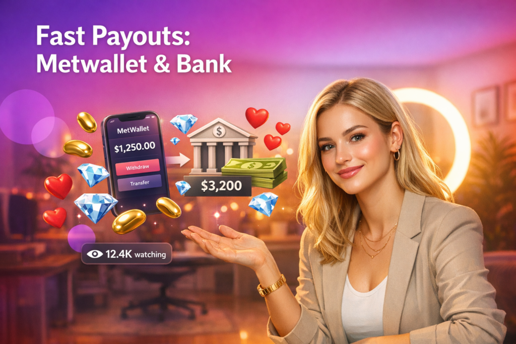 A confident young creator in a modern home studio gestures toward floating payout icons while explaining chamet hostess payment methods, including Metwallet setup and bank withdrawals.