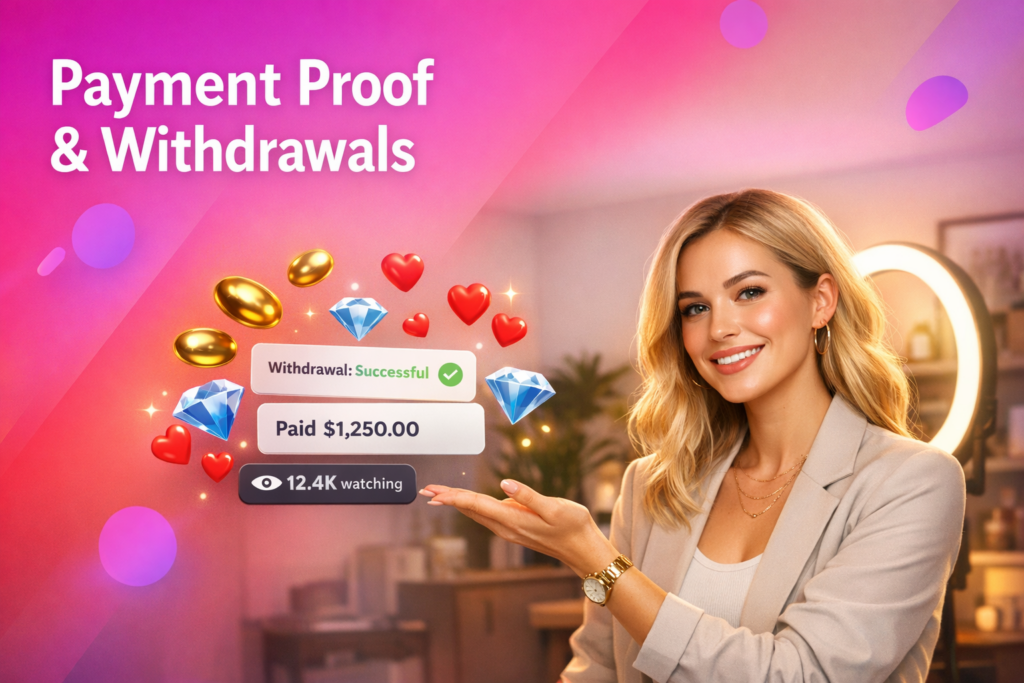 A young creator in a modern home studio gestures toward floating withdrawal confirmation cards, showcasing chamet hostess payment proof with success screenshots.