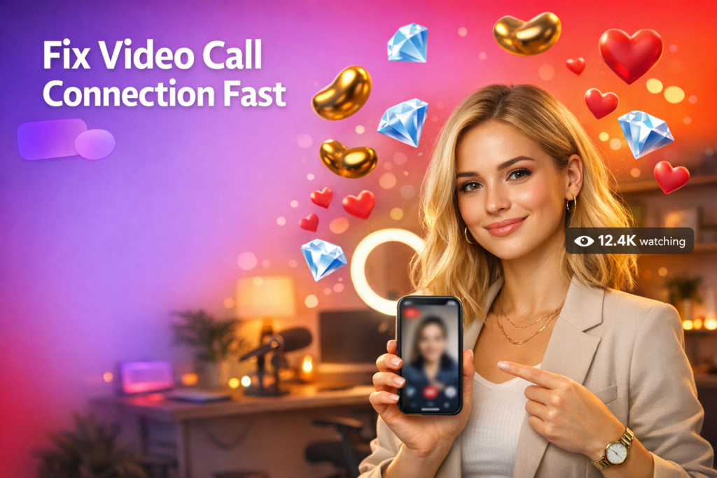 A tech-savvy young creator in a warm home studio shows app-style UI overlays while explaining a chamet video call not connecting fix for a chamet hostess.
