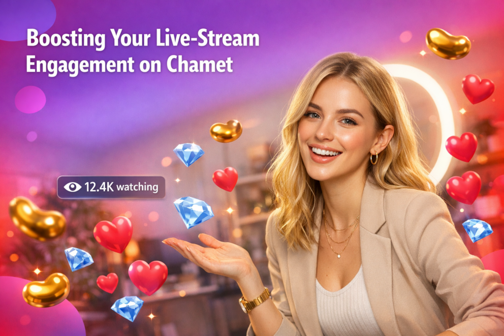 A chamet hostess in a warm home-studio smiles at the camera with floating hearts and chat-style icons, promoting conversation starters to boost viewer engagement.