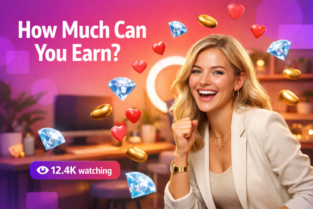 A young creator celebrates earnings with floating beans, hearts, and a viewer counter, illustrating chamet hostess income potential in a cozy home studio.