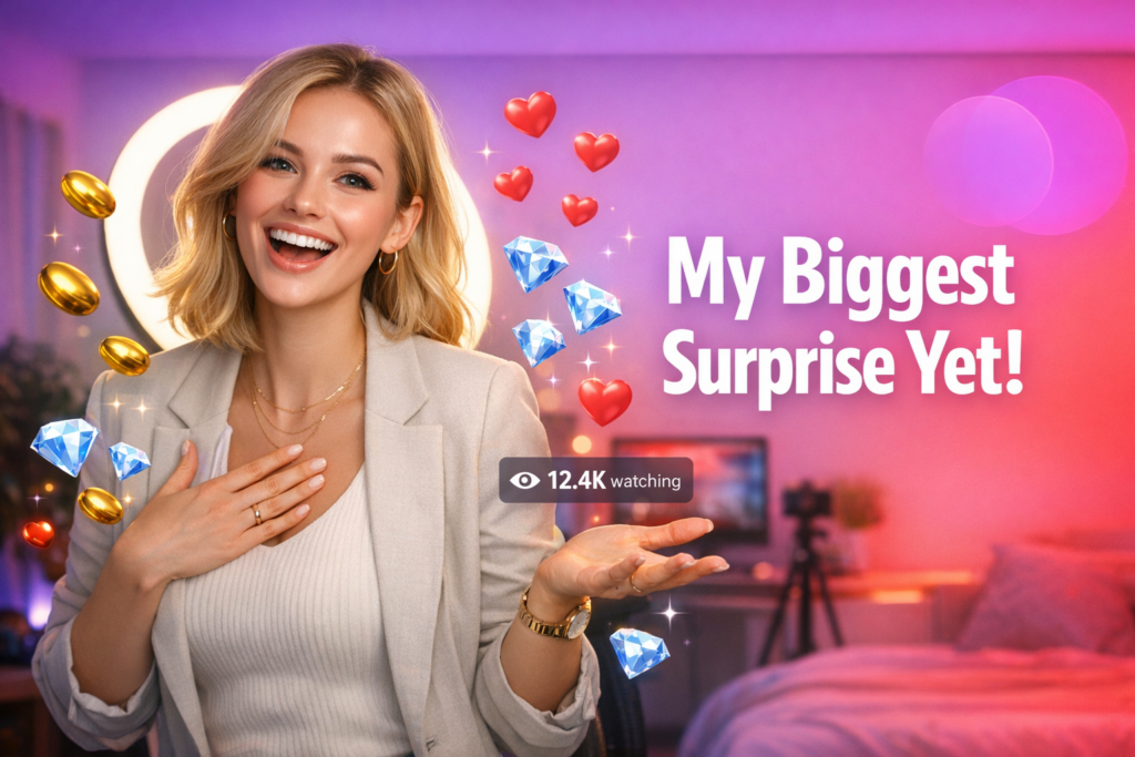 A blonde creator smiles in a home studio with floating hearts and gift icons, showing how a chamet hostess can react to big gifts with gratitude and confidence.