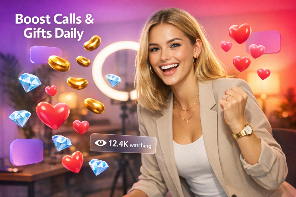 A blonde creator celebrates higher daily earnings with floating beans, gifts, and live viewer icons in a warm home studio, highlighting tips for a chamet hostess.
