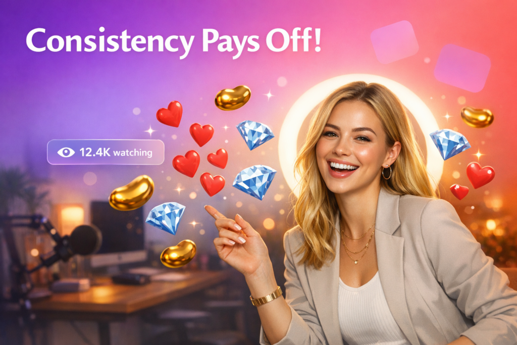 A blonde creator in a warm home studio celebrates staying active on Chamet with floating hearts, beans, and a live viewer counter as a chamet hostess rewards and streak bonuses are highlighted.