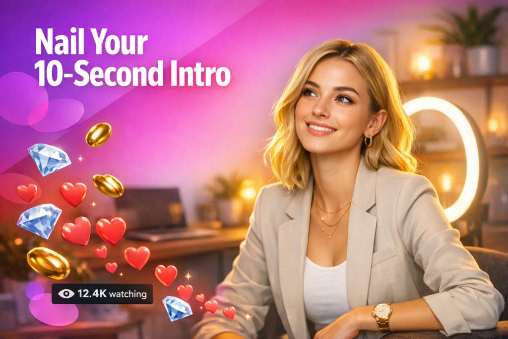 A blonde creator in a warm home studio records a short intro with floating hearts and a viewer counter, offering 10-second voice tips for a chamet hostess.