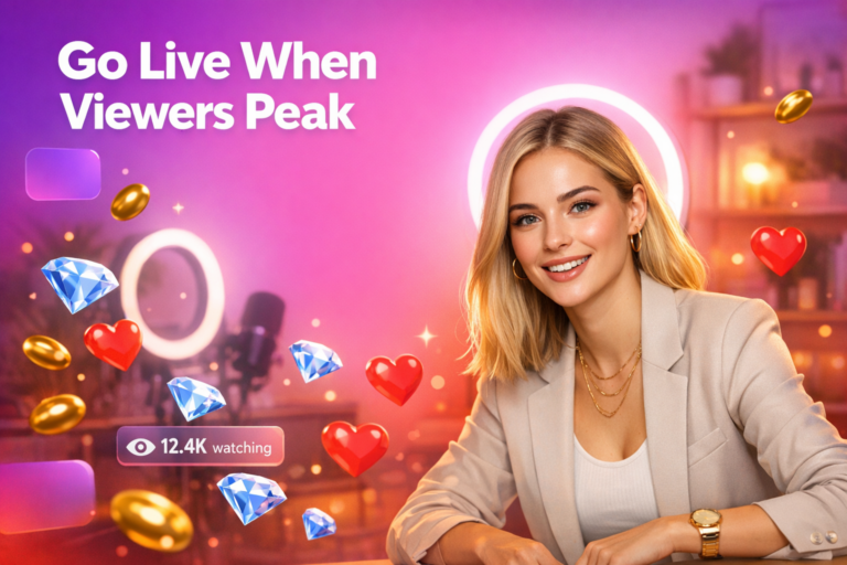 A blonde creator in a warm home studio checks peak hours to plan the best time to go online on Chamet, with floating hearts, beans, and a viewer counter like a chamet hostess livestream.