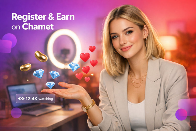A young blonde creator in a warm home studio smiles while floating hearts and gift icons suggest livestream earnings, illustrating a chamet hostess registration and earning guide for Bangladesh.