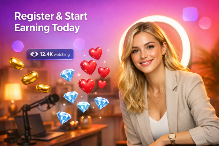 A young creator in a warm home studio smiles beside floating beans, diamonds, and a live viewer counter, illustrating a chamet hostess Colombia registration guide to start earning online.