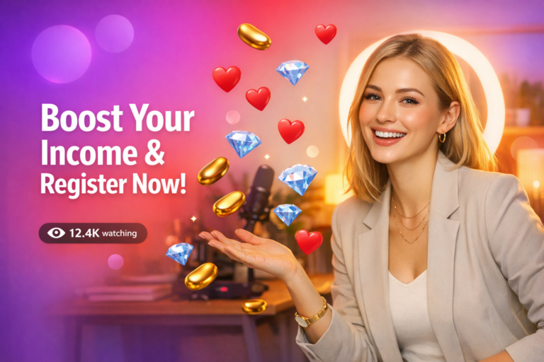 A joyful young creator in a warm home studio celebrates chamet hostess earnings in Spain with floating hearts, beans, and a live viewer counter.