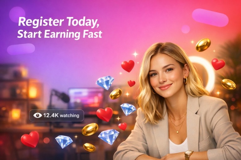 A young creator in a warm home studio smiles beside floating hearts and gems, illustrating chamet hostess registration steps for creating an account and getting started.