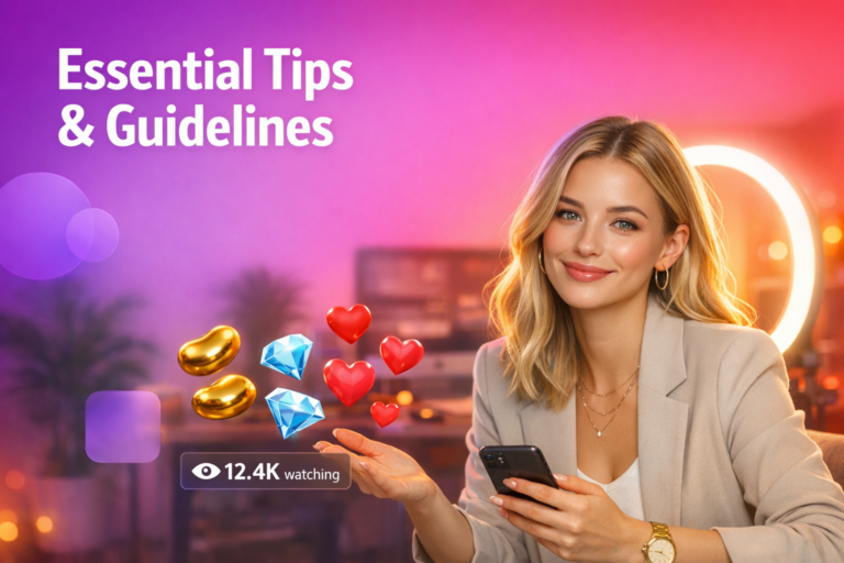 A confident creator in a modern home studio holds a phone while floating live-stream icons illustrate chamet hostess requirements like age and profile verification.
