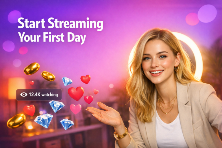 A confident chamet hostess in a modern home studio prepares for her first live stream with floating hearts, beans, and a viewer counter.