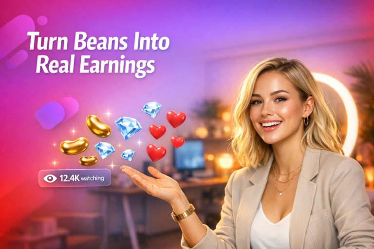 A confident chamet hostess in a modern home-studio celebrates earnings with floating beans, diamonds, hearts, and a live viewer counter.
