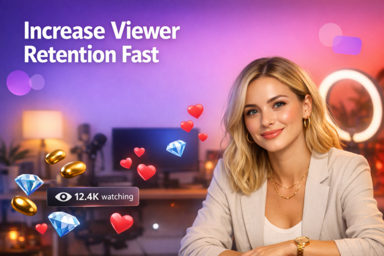 A confident young creator in a warm home studio with floating hearts and a viewer counter shares tips to increase viewer retention after chamet hostess registration.
