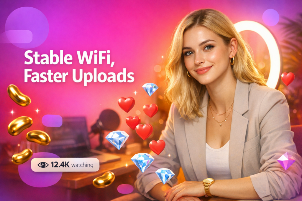 A tech-savvy chamet hostess in a modern home studio shares tips for stable WiFi and strong upload speed for streaming.