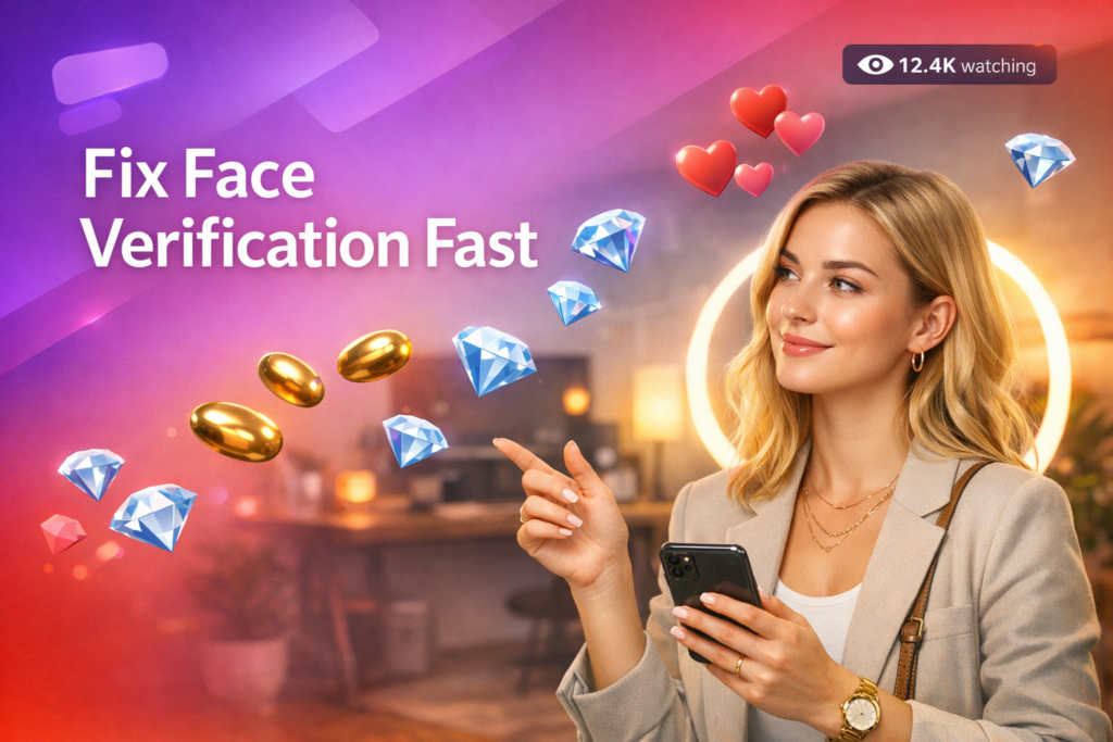 A blonde creator in a modern home studio points to floating UI icons while showing tips for a chamet face verification failed fix as a chamet hostess.