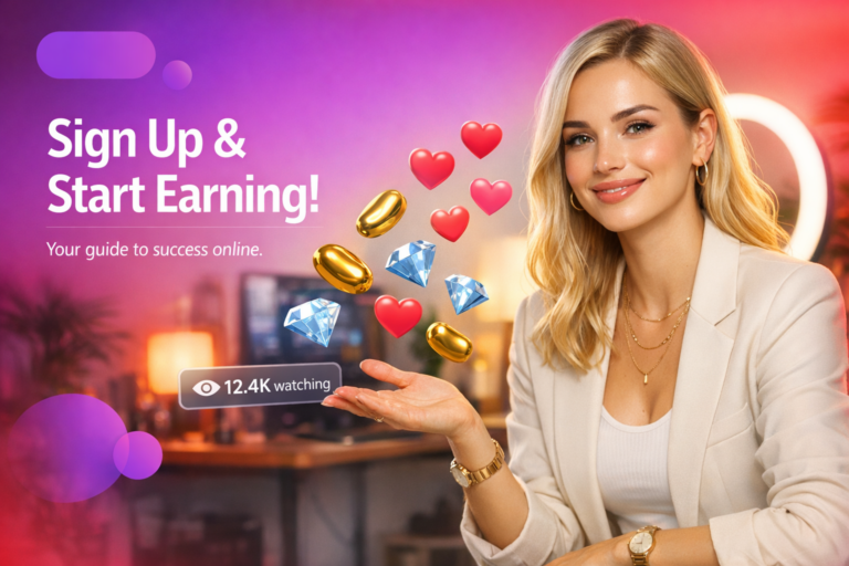 A smiling creator in a warm home studio with live-stream UI elements illustrates a chamet hostess registration guide for Malaysia and how to start earning online.