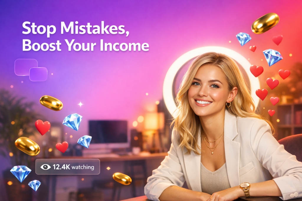 A confident young creator in a warm home-studio celebrates higher earnings while highlighting chamet hostess mistakes that reduce income with live-stream style UI elements.