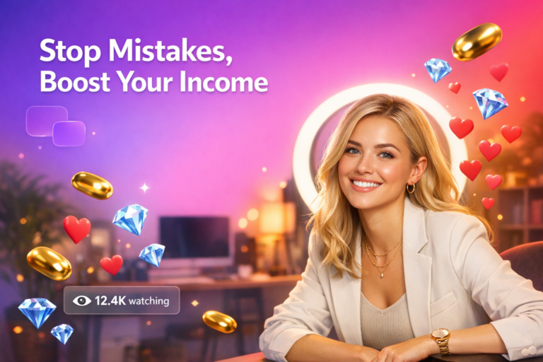 A confident young creator in a warm home-studio celebrates higher earnings while highlighting chamet hostess mistakes that reduce income with live-stream style UI elements.
