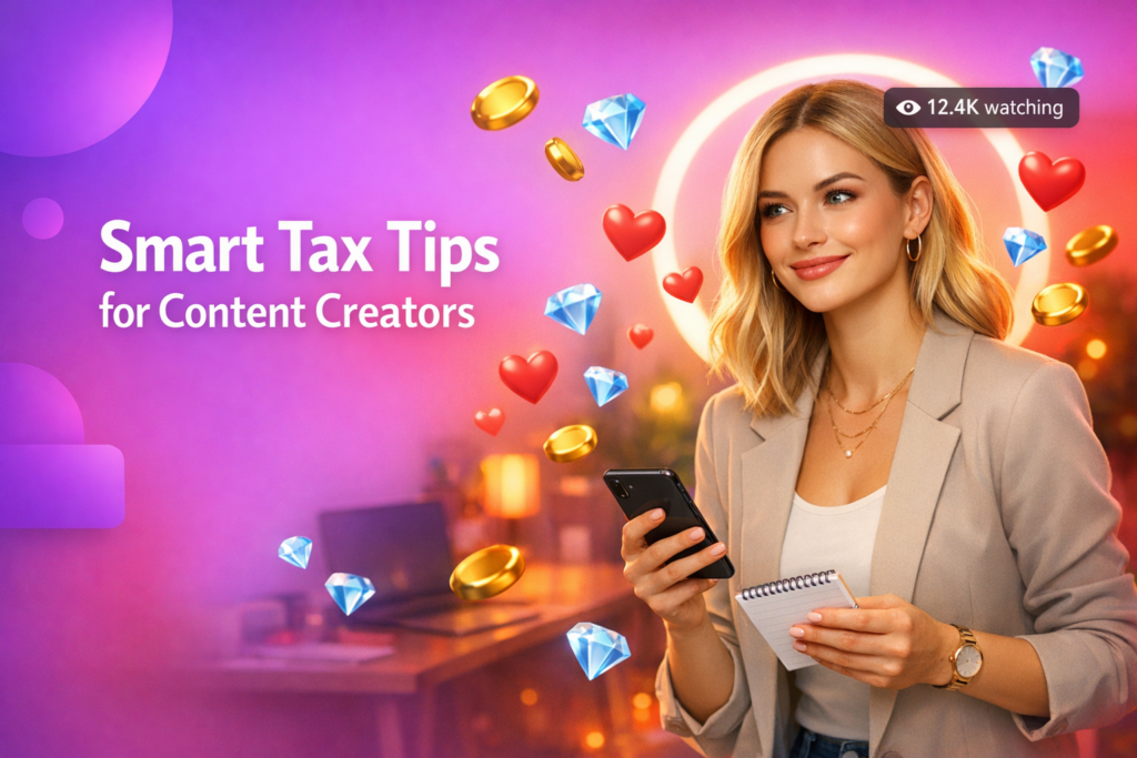 Confident young creator in a modern home studio with floating livestream icons, illustrating chamet hostess tax and legal considerations for online income.