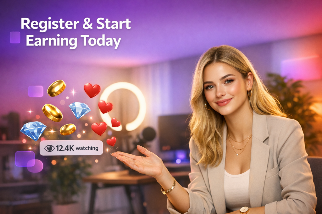 A young creator in a modern home studio follows a Chamet Hostess Turkey registration guide with floating live-stream beans, diamonds, hearts, and a viewer counter for chamet hostess sign-up.