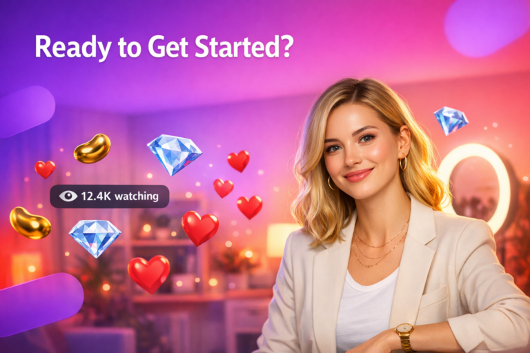 A young creator in a warm home studio with floating hearts and gems, illustrating what happens after registration for a chamet hostess.
