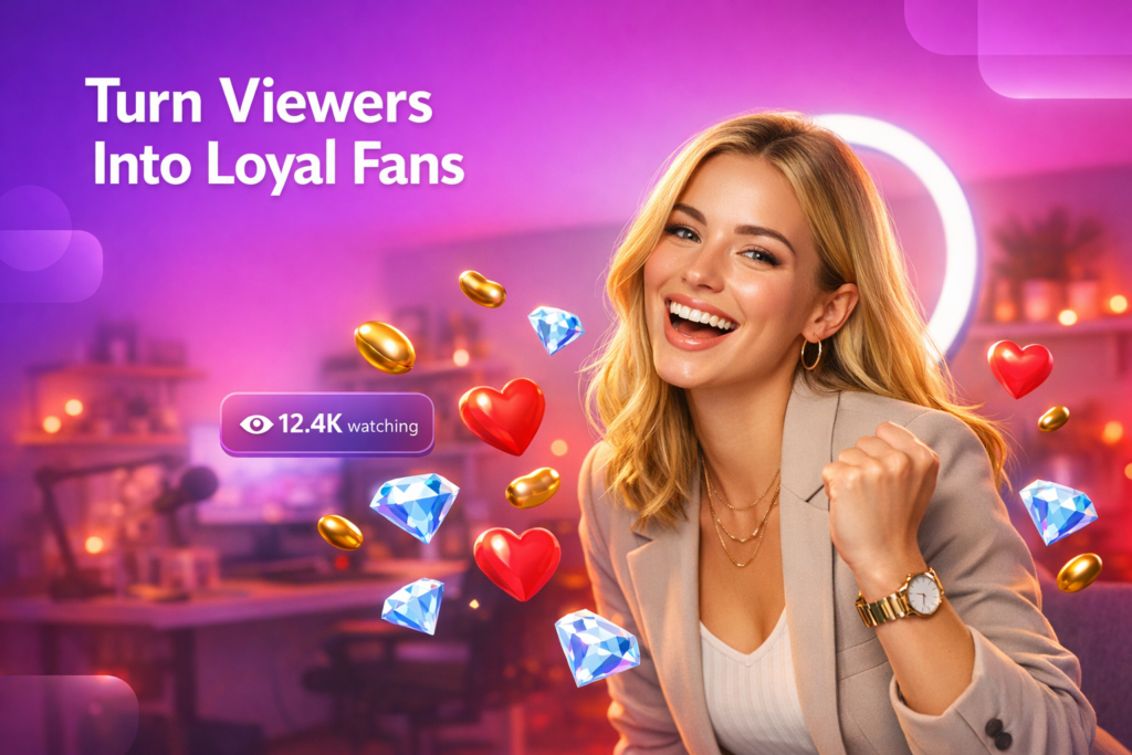 A joyful creator celebrates success in a cozy home studio with floating hearts and app-style icons, illustrating how a chamet hostess builds loyal users.