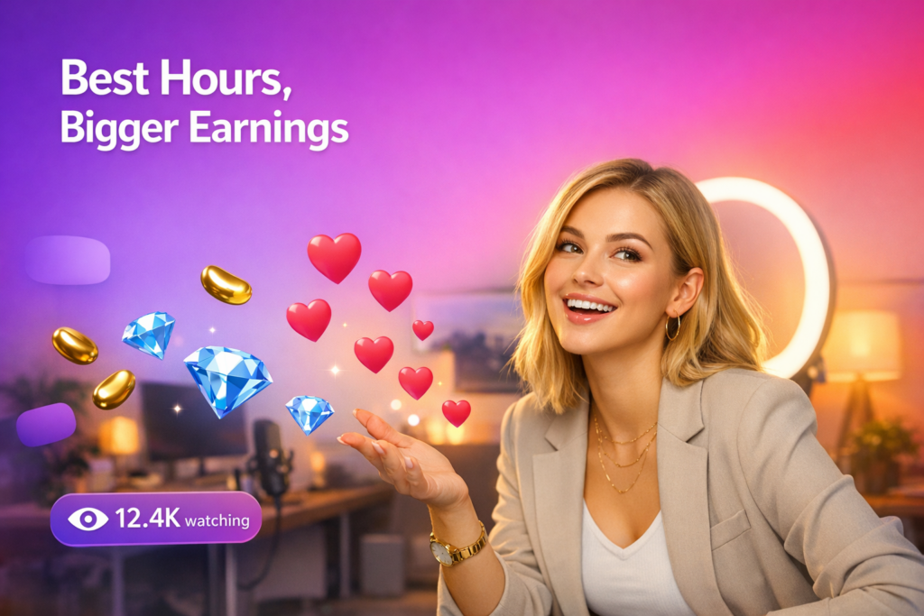 A young creator in a warm home studio celebrates peak streaming times with floating hearts and a viewer counter, illustrating a chamet hostess schedule for maximum earnings.