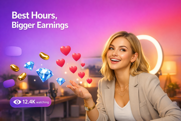A young creator in a warm home studio celebrates peak streaming times with floating hearts and a viewer counter, illustrating a chamet hostess schedule for maximum earnings.