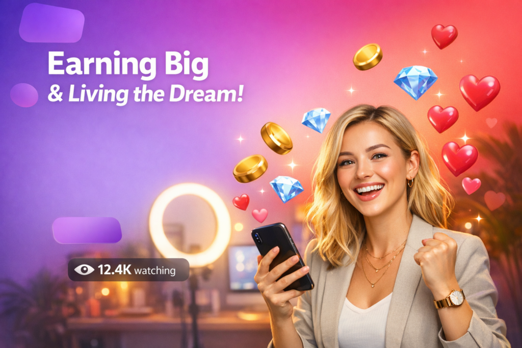 A smiling creator celebrates progress in a stylish home studio with floating beans, hearts, and a live viewer counter, illustrating a chamet hostess growth strategy.
