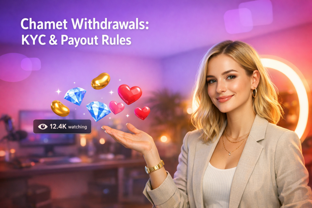 A confident creator in a modern home studio gestures toward floating coins and payout UI elements while explaining chamet hostess withdrawal requirements, KYC verification, and payout rules.
