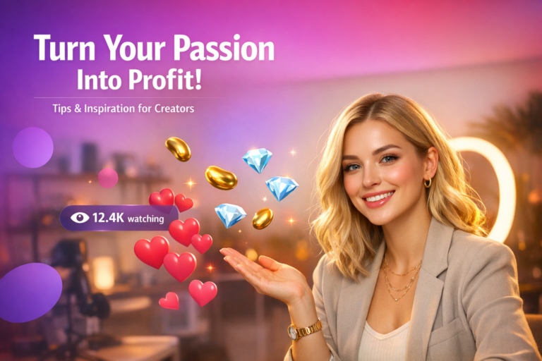 A blonde creator in a modern home studio celebrates earnings tips with floating beans, diamonds, hearts, and a live viewer counter for a chamet hostess guide.